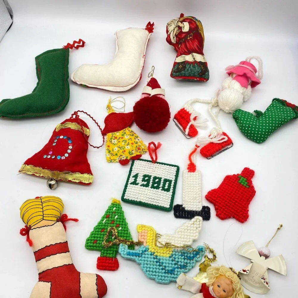 Vintage‎ Christmas handmade ornament lot felt cross stitch metal hand sewn